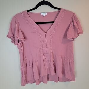 Eye Shadow Top Womens L Dusty Pink Ruffled‎ Flutter Sleeve Cropped Babydoll Boho